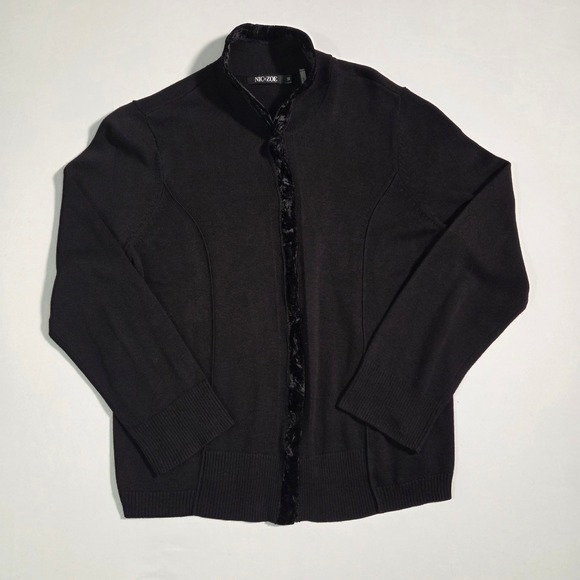 NIC+ZOE Black Velvet Trim High Neck Knit Cardigan Sweater Women's M - Picture 2 of 10